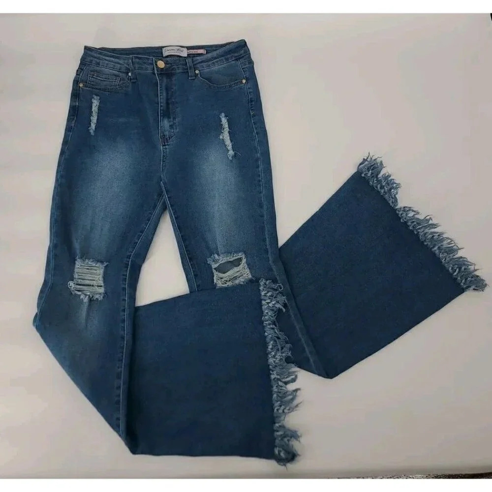 Denim Blvd Los Angeles High Rise Flare Raw Hi Low Hem Jeans Stretch Size Large